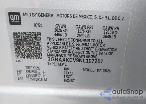 2022 Chevrolet Equinox Fwd Lt from USA, damaged, VIN 3GNAXKEV9NL107257